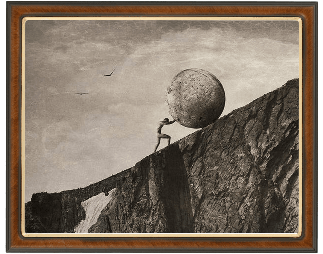 Sisyphus pushing a boulder up a hill, print by Jeffrey Hummel